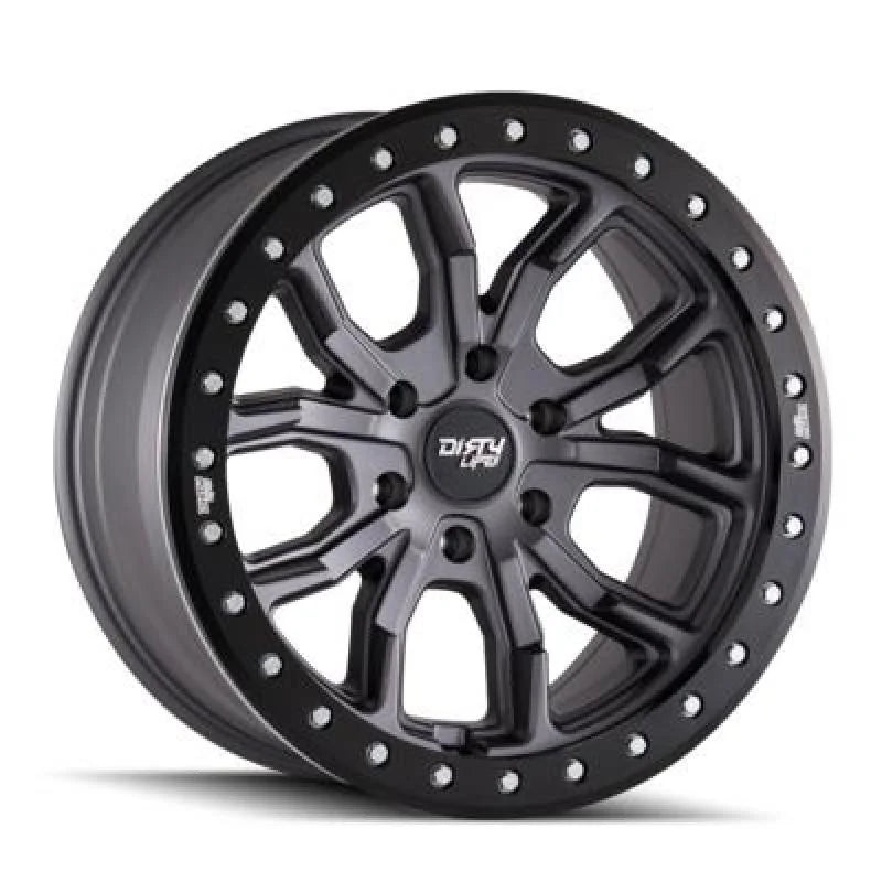 Dirty Life 9303 DT-1 17x9/5x127 BP/-12mm Offset/78.1mm Hub Matte Gunmetal Wheel - Simulated Rashring - Side View