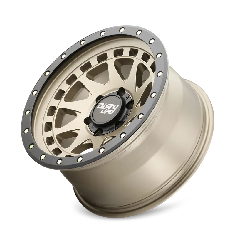 Dirty Life 9311 Enigma Pro 17x9/5x127 BP/-12mm Offset/71.5mm Hub Satin Gold Wheel - Beadlock - Side View