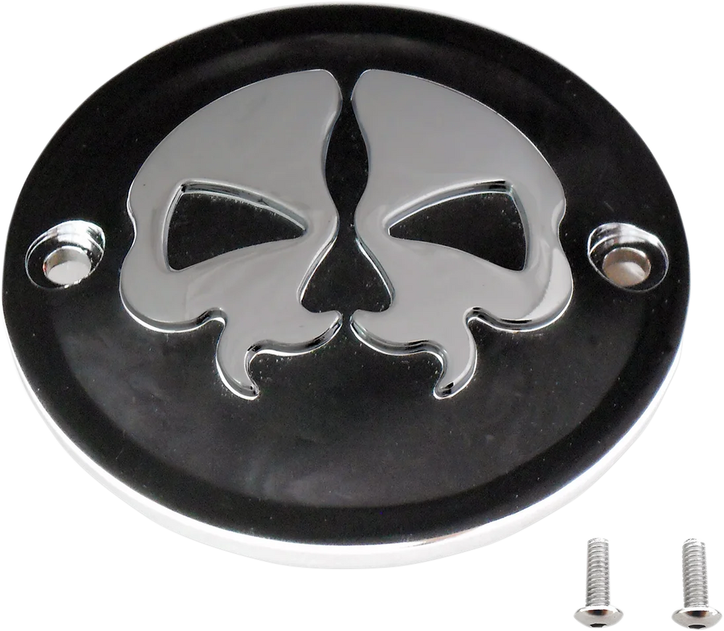 DragSpecialties Points Cover - Black - Chrome Skull - 2 Hole 78041B - Side View