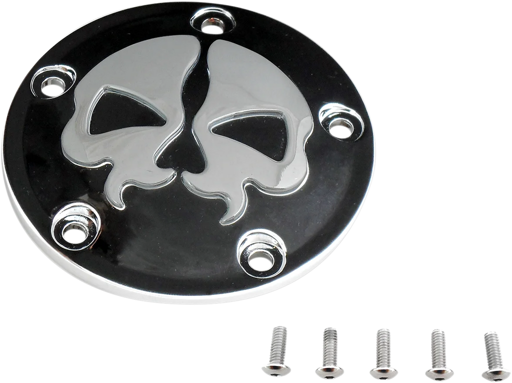 DragSpecialties Points Cover - Black - Chrome Skull - 5 Hole - Twin Cam 78040B - Side View