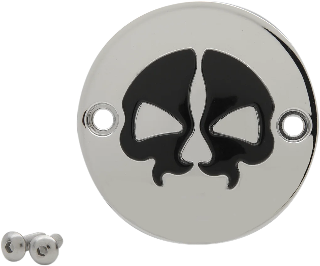 DragSpecialties Points Cover - Chrome - Black Skull - 2 Hole - M8 78102 - Side View