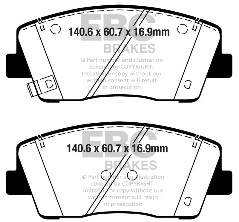 EBC 2019+ Genesis G70 2.0T Redstuff Front Brake Pads - Side View