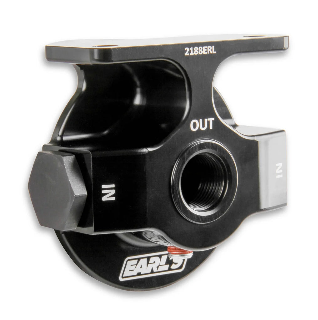 Earl's Performance Billet Remote Oil Filter Mount Kit, Black Anodized, 10 AN O-Ring Ports 2188ERL - Side View