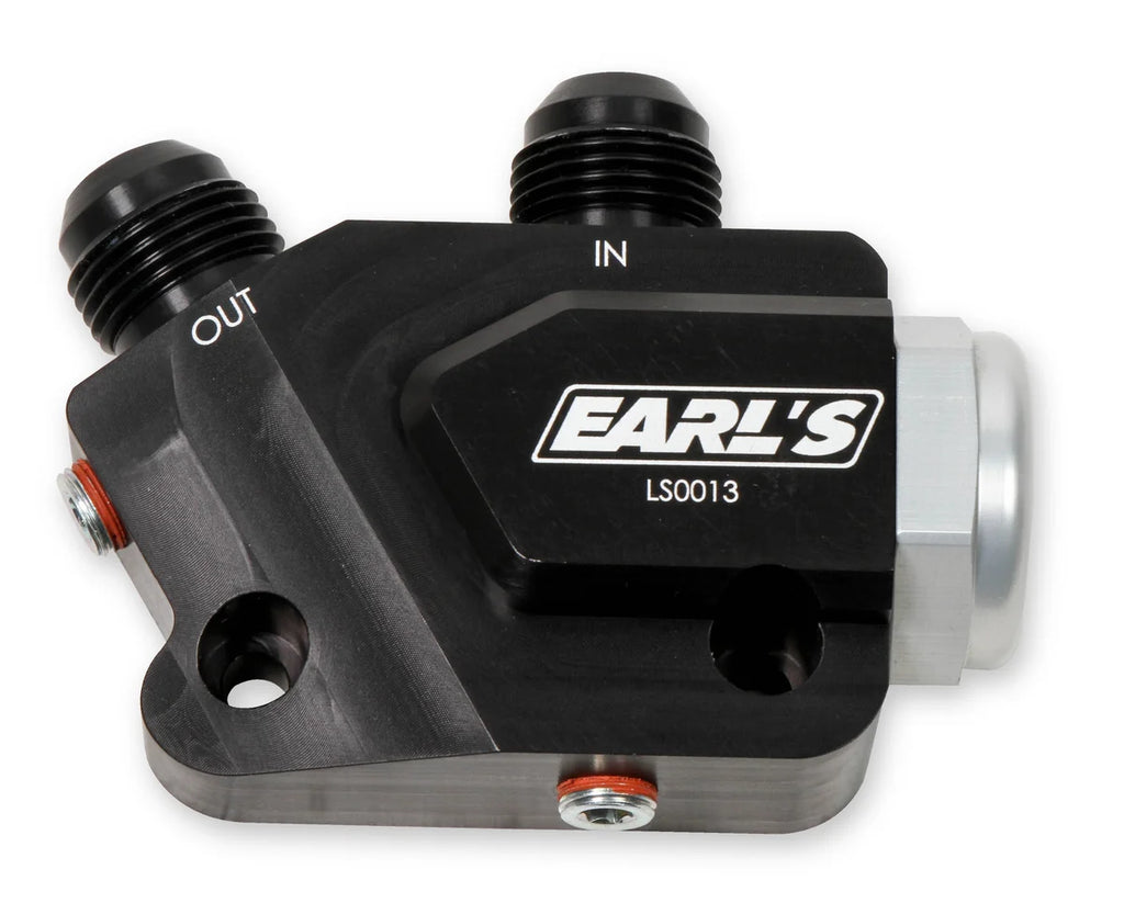 Earl's Performance LS Side Mount Oil Cooler Adapter w/ 212 degree thermostat LS0013ERL - Main Product View