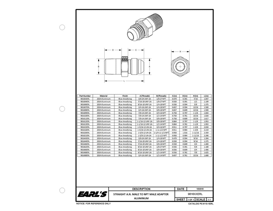 Earl's Performance Straight AN -6 Male to 1/4" NPT Male Adapter - Blue. 981606ERL - Side View