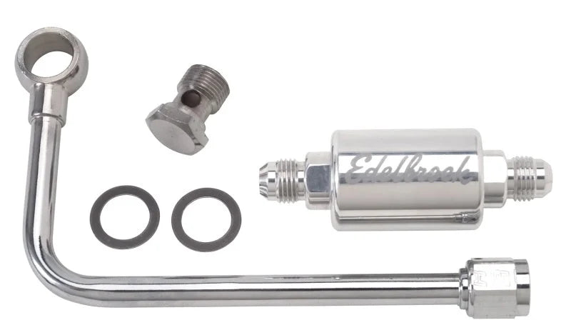 Edelbrock 3/8In Hard Fuel Line w/ -6 B-Nut and Polished Filter - Side View