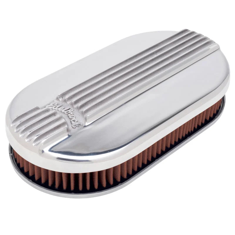 Edelbrock Air Cleaner Classic Series Oval Aluminum Top Cloth Element 17 5In X 9 35In X 3 9In - Side View