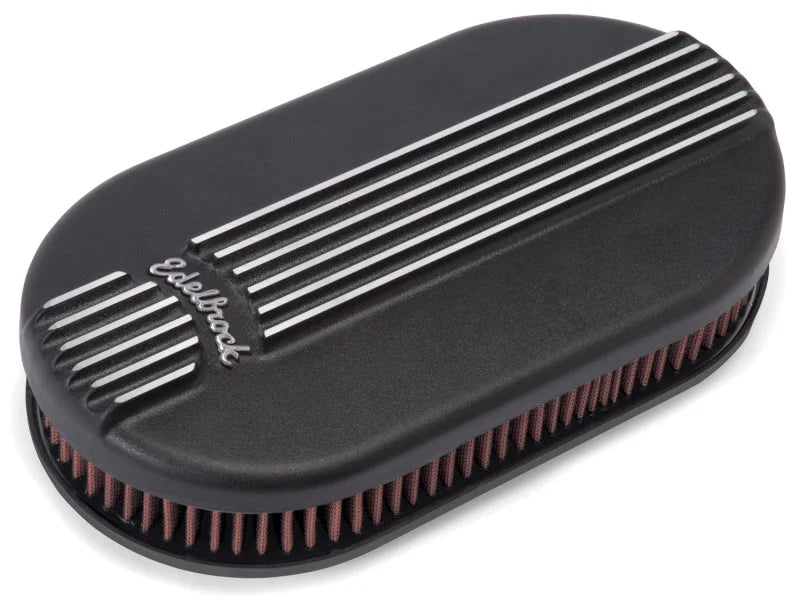 Edelbrock Air Cleaner Classic Series Oval Aluminum Top Cloth Element 17 5In X 9 35In X 3 9In Black - Side View