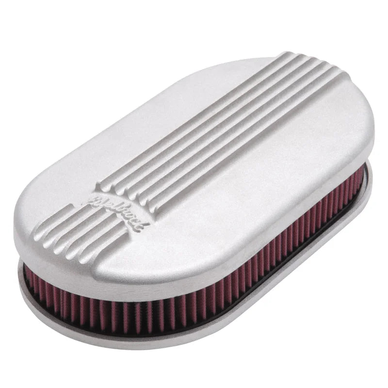 Edelbrock Air Cleaner Classic Series Oval Aluminum Top Cloth Element 17 5In X 9 35In X 3 9In Satin - Side View