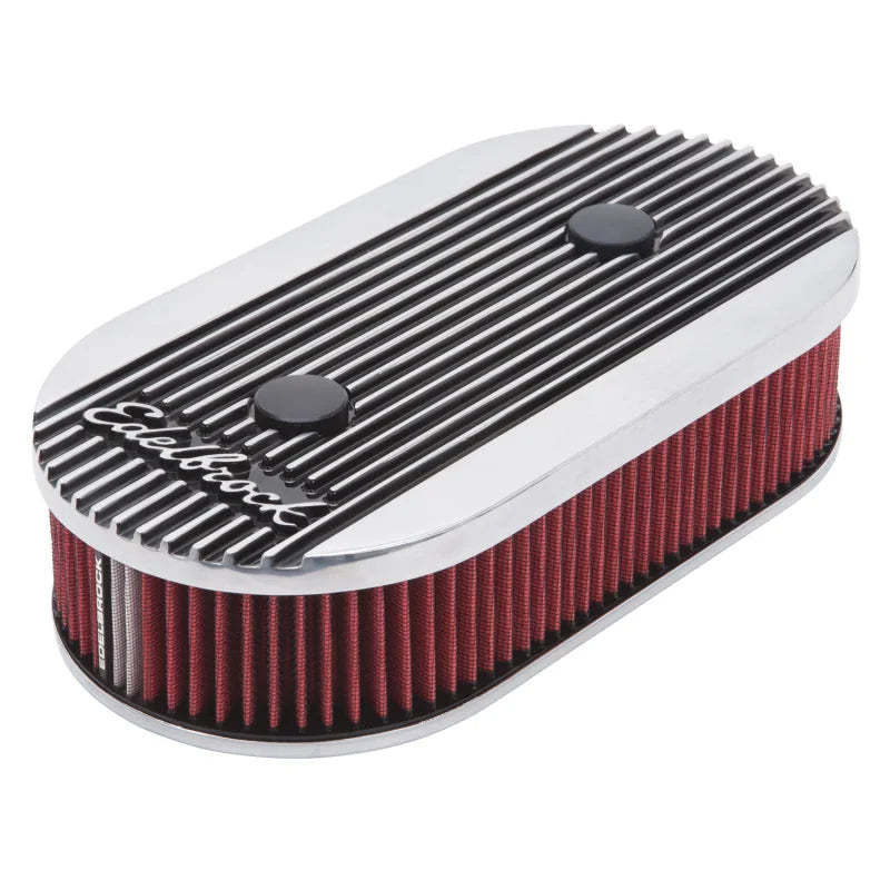 Edelbrock Air Cleaner Elite II Oval Dual-Quad Carbs 2 5In Red Element Polished - Side View