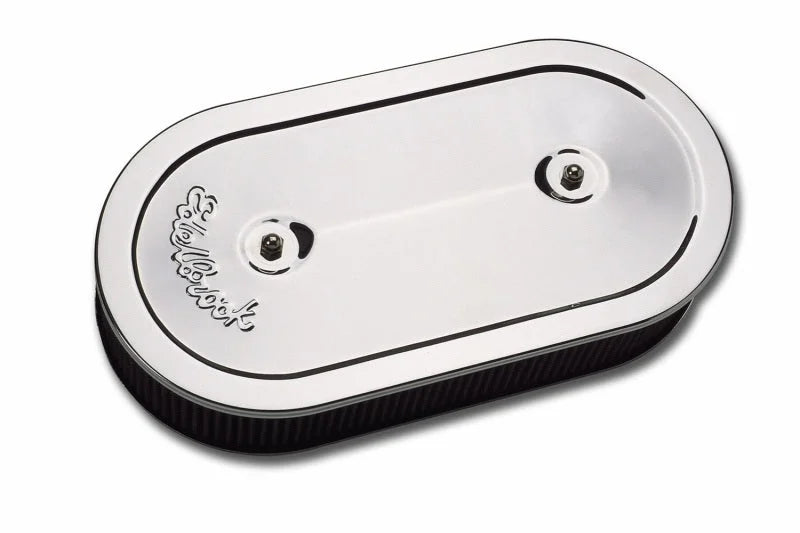 Edelbrock Air Cleaner Pro-Flo Series Oval Steel Top 13.5In X 7In X 3.5In Dual Carburetor Chrome - Side View
