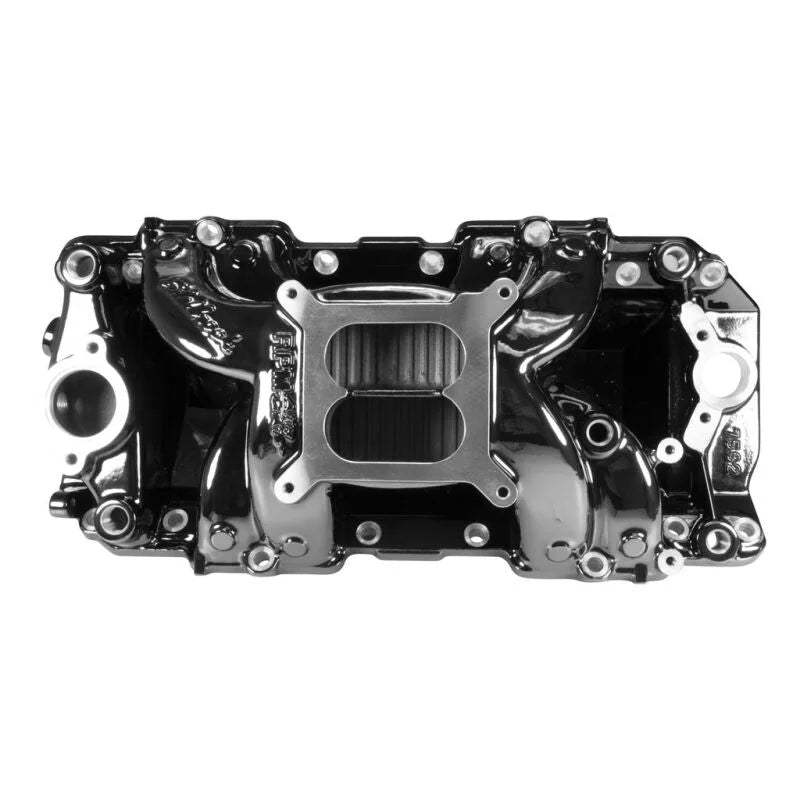 Edelbrock B/B Rect Port RPM Air-Gap Manifold - Black Plasma Finish fits 1968-1989 Avanti / Chevrolet / GMC - Back View