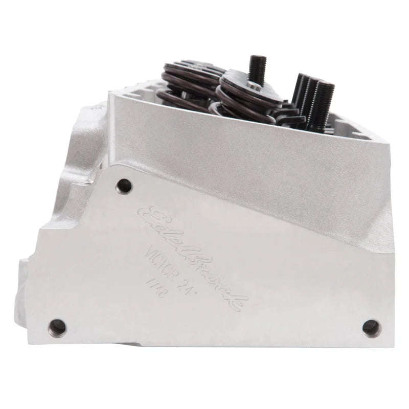 Edelbrock Cyl Head Victor Jr 24 Deg Rect Port 300cc 106cc Combustion Chamber 77485 fits Chevy BBC - Back View