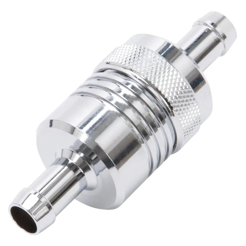 Edelbrock Fuel Filter Aluminum 3In X 01/ 1/8In 3/8In Inlet/Outlet Chrome - Installation View