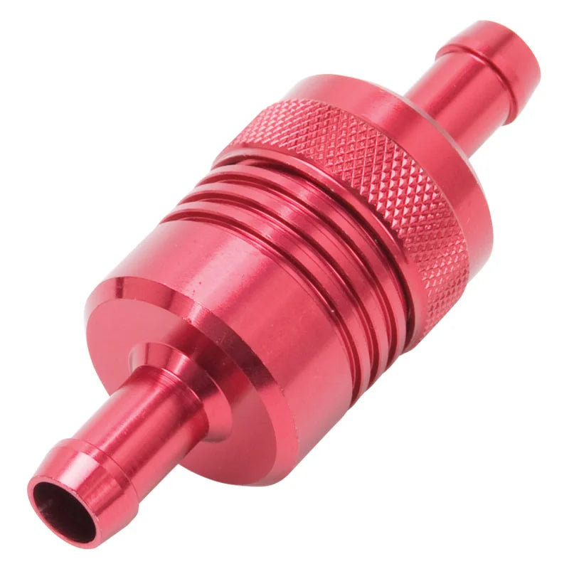 Edelbrock Fuel Filter Aluminum 3In X 01/ 1/8In 3/8In Inlet/Outlet Red - Side View