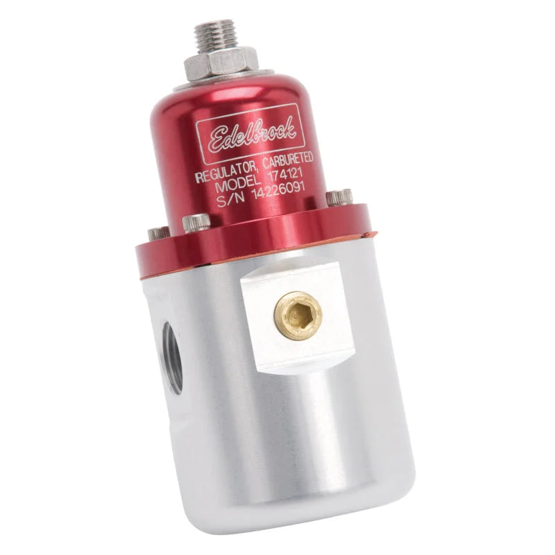 Edelbrock Fuel Pressure Regulator Carbureted 160 GPH 5-10 PSI 3/8In In/Out Retunless Red/Clear - Back View