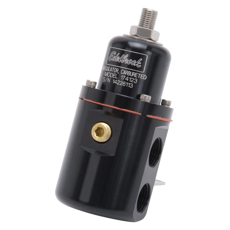 Edelbrock Fuel Pressure Regulator Carbureted 160 GPH 5-10 PSI 3/8In In/Out Returnless Black - Side View