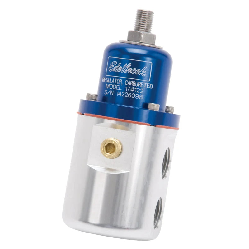Edelbrock Fuel Pressure Regulator Carbureted 160 GPH 5-10 PSI 3/8In In/Out Returnless Blue/Clear - Installation View