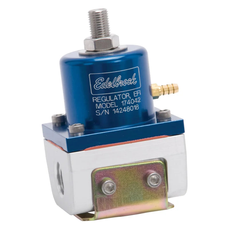 Edelbrock Fuel Pressure Regulator EFI 180 GPH 35-90 PSI -6 In/Out -6 Return Blue/Clear - Back View