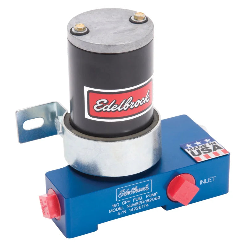 Edelbrock Fuel Pump Electric Quiet-Flo Carbureted 160GPH 1/2In In 1/2In Out 160 GPH Blue - Back View