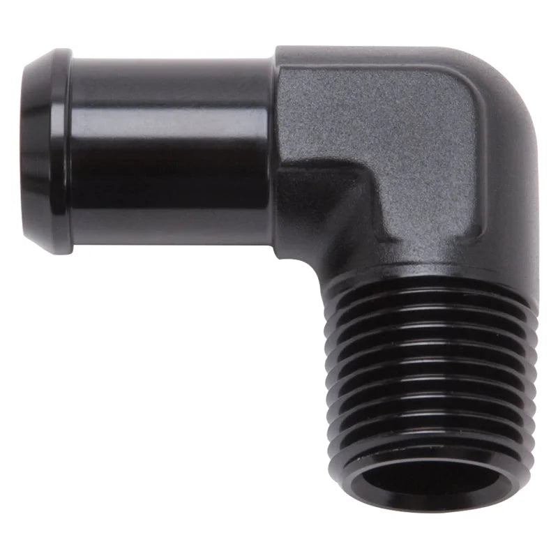 Edelbrock Hose End 90-Deg 1/2In NPT to 1/2In Barb Black Anodize - Main Product View