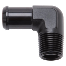 Load image into Gallery viewer, Edelbrock Hose End 90-Deg 1/2In NPT to 1/2In Barb Black Anodize - Main Product View