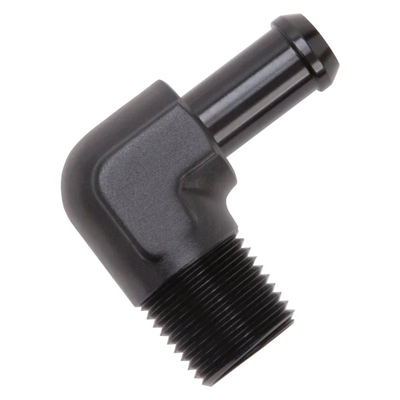 Edelbrock Hose End 90-Deg 1/2In NPT to 1/2In Barb Black Anodize - Side View