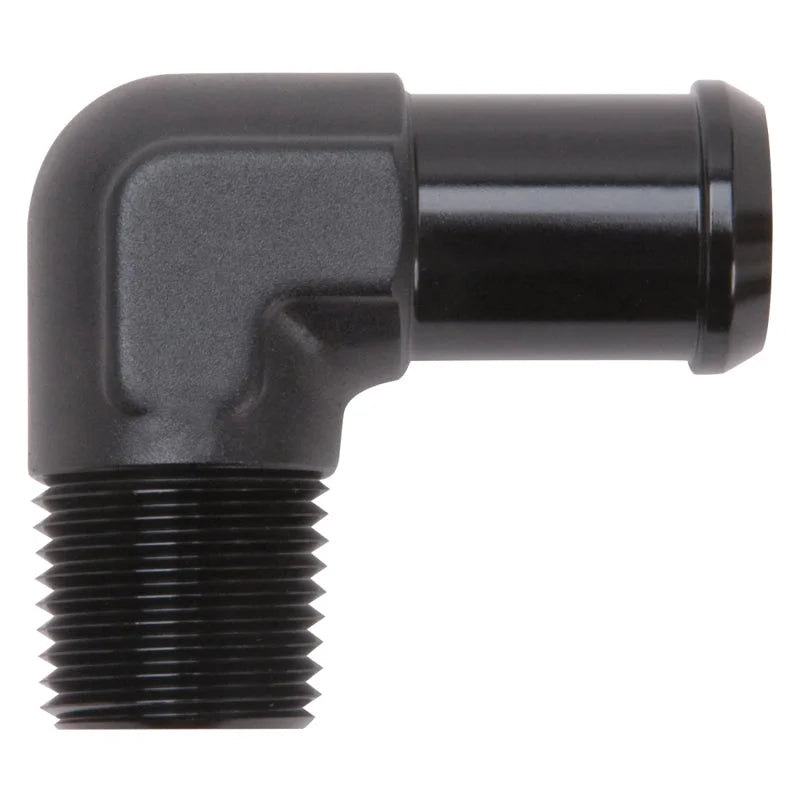 Edelbrock Hose End 90-Deg 1/2In NPT to 3/4In Barb Black Anodize - Main Product View