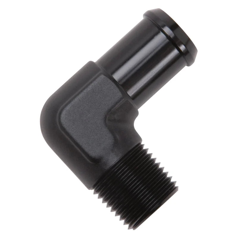 Edelbrock Hose End 90-Deg 1/2In NPT to 3/4In Barb Black Anodize - Installation View
