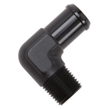 Load image into Gallery viewer, Edelbrock Hose End 90-Deg 1/2In NPT to 3/4In Barb Black Anodize - Installation View