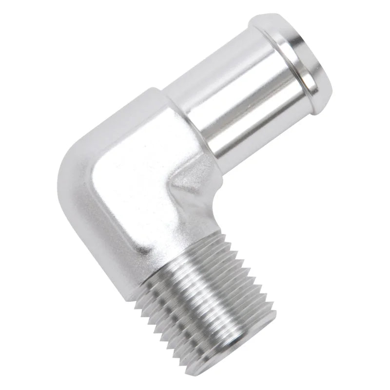 Edelbrock Hose End 90-Deg 1/2In NPT to 3/4In Barb Clear Anodize - Installation View