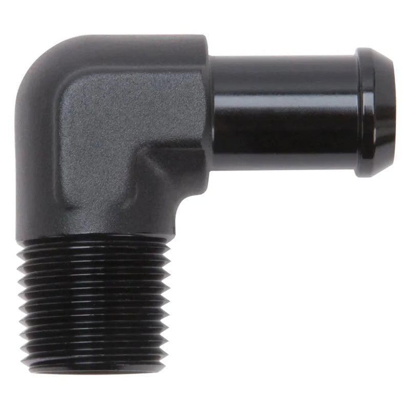 Edelbrock Hose End 90-Deg 1/2In NPT to 5/8In Barb Black Anodize - Installation View