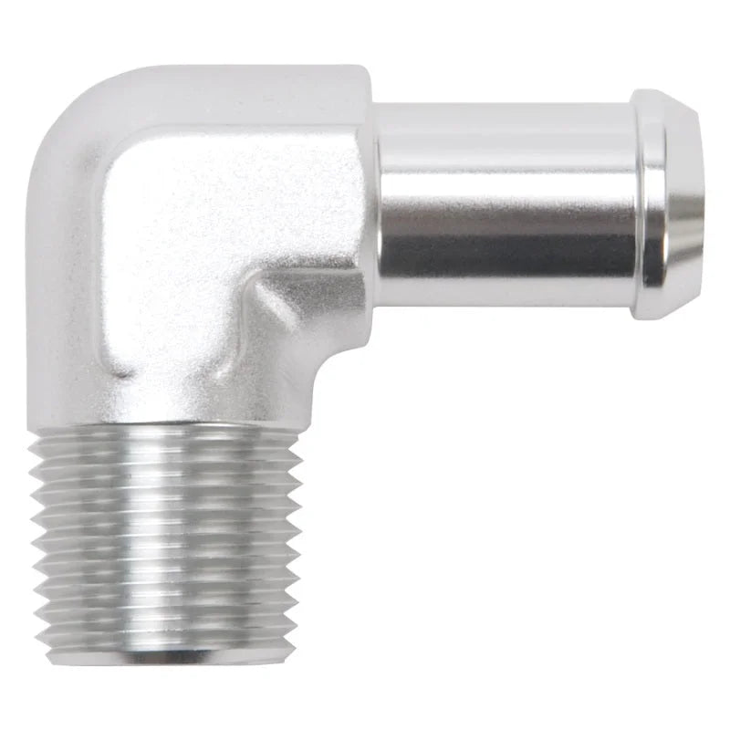 Edelbrock Hose End 90-Deg 1/2In NPT to 5/8In Barb Clear Anodize - Main Product View