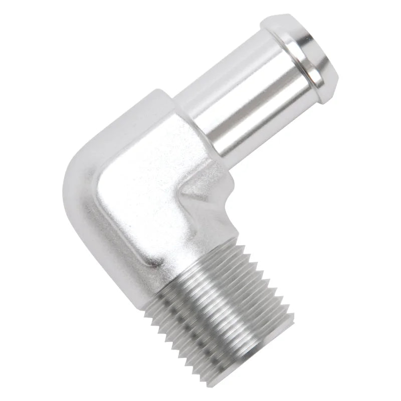 Edelbrock Hose End 90-Deg 1/2In NPT to 5/8In Barb Clear Anodize - Installation View