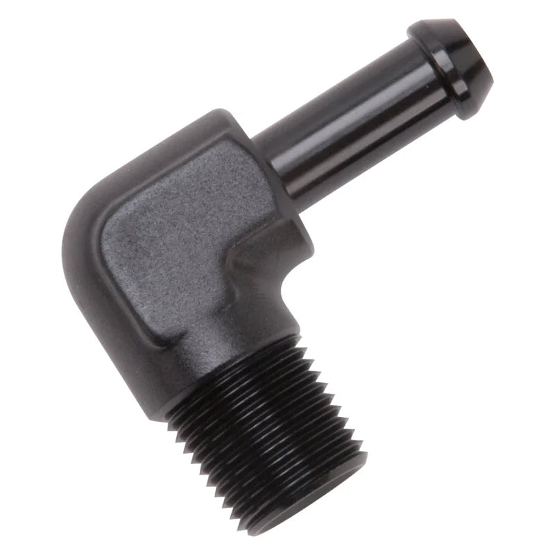 Edelbrock Hose End 90-Deg 3/8In NPT to 3/8In Barb Black Anodize - Side View