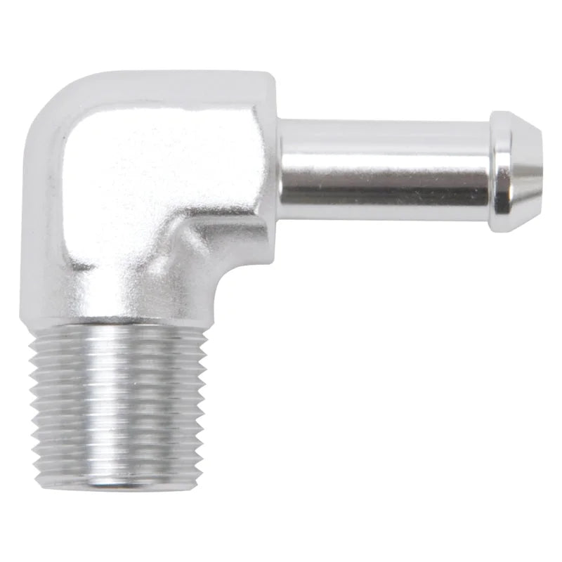 Edelbrock Hose End 90-Deg 3/8In NPT to 3/8In Barb Clear Anodize - Main Product View