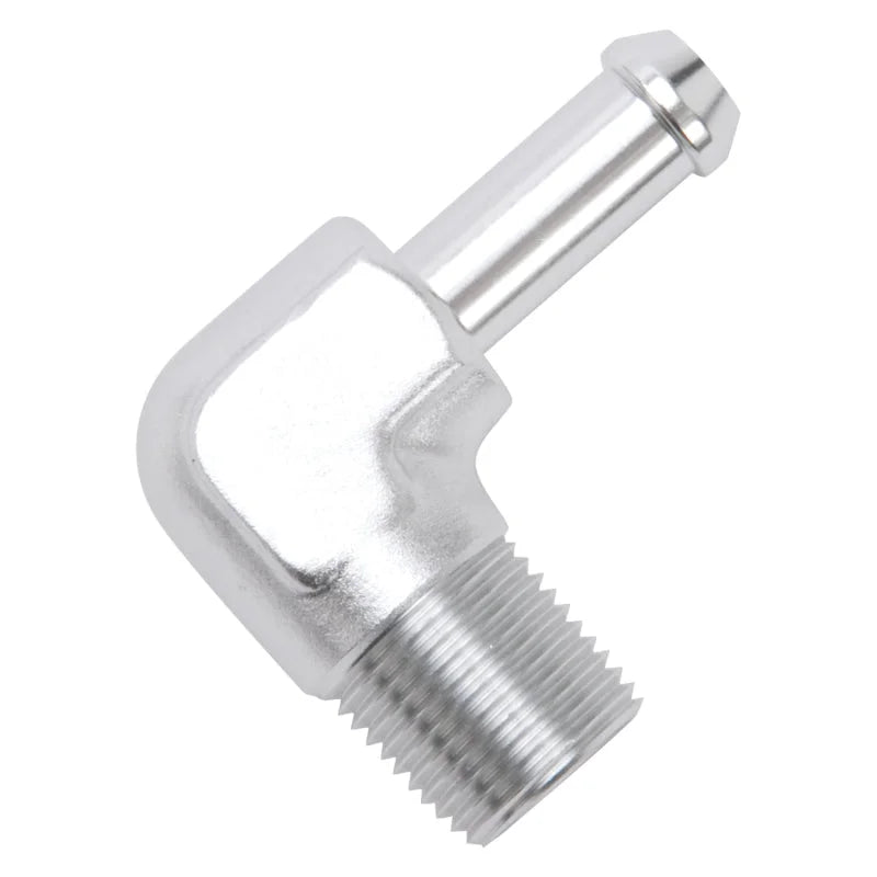 Edelbrock Hose End 90-Deg 3/8In NPT to 3/8In Barb Clear Anodize - Installation View