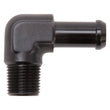 Load image into Gallery viewer, Edelbrock Hose End 90-Degree 3/8In NPT to 1/2In Barb Black Anodize - Main Product View