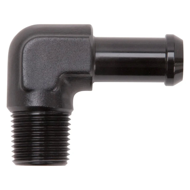 Edelbrock Hose End 90-Degree 3/8In NPT to 1/2In Barb Black Anodize - Main Product View