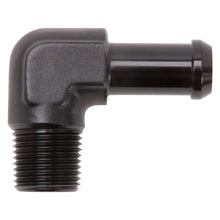 Load image into Gallery viewer, Edelbrock Hose End 90-Degree 3/8In NPT to 1/2In Barb Black Anodize - Main Product View