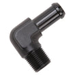 Load image into Gallery viewer, Edelbrock Hose End 90-Degree 3/8In NPT to 1/2In Barb Black Anodize - Installation View