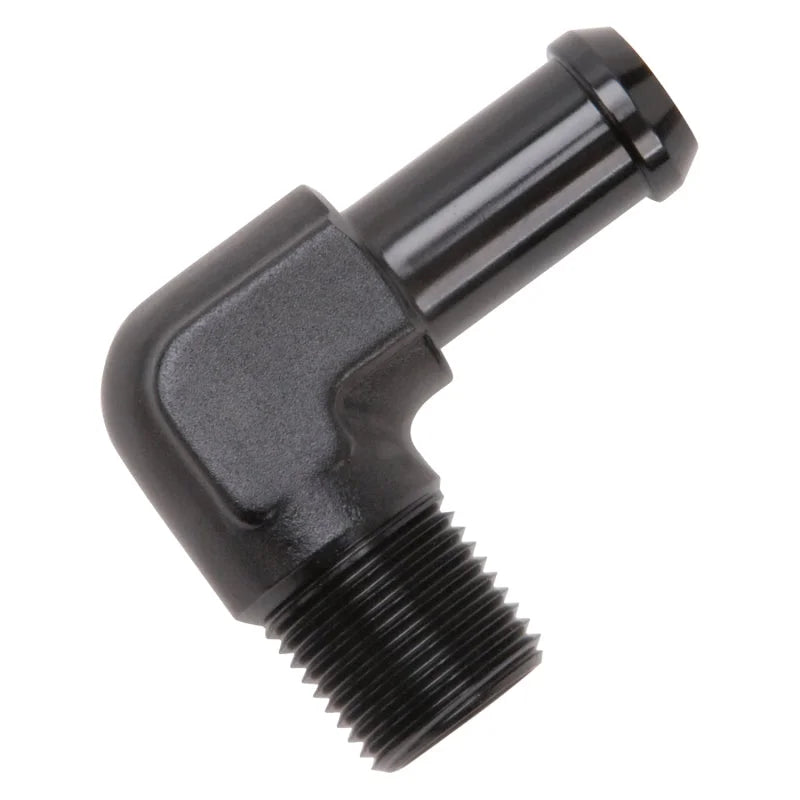 Edelbrock Hose End 90-Degree 3/8In NPT to 1/2In Barb Black Anodize - Installation View