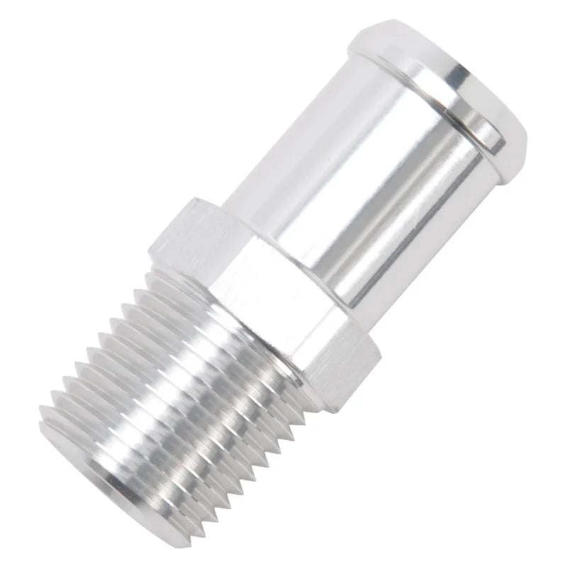 Edelbrock Hose End Straight 1/2In NPT to 3/4In Barb Clear Anodize - Side View