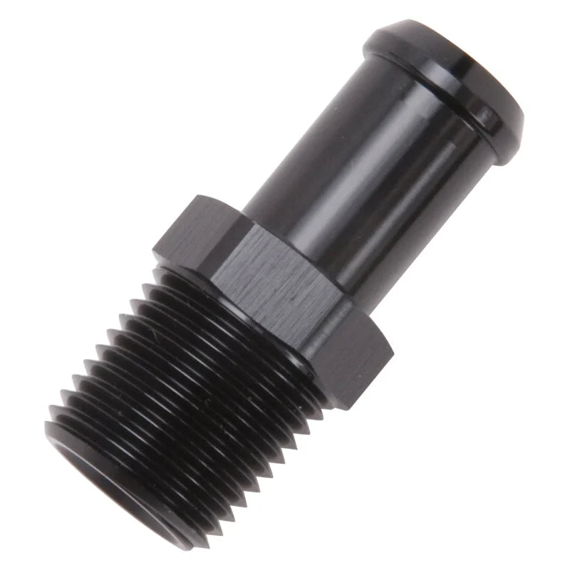 Edelbrock Hose End Straight 1/2In NPT to 5/8In Barb Black Anodize - Side View