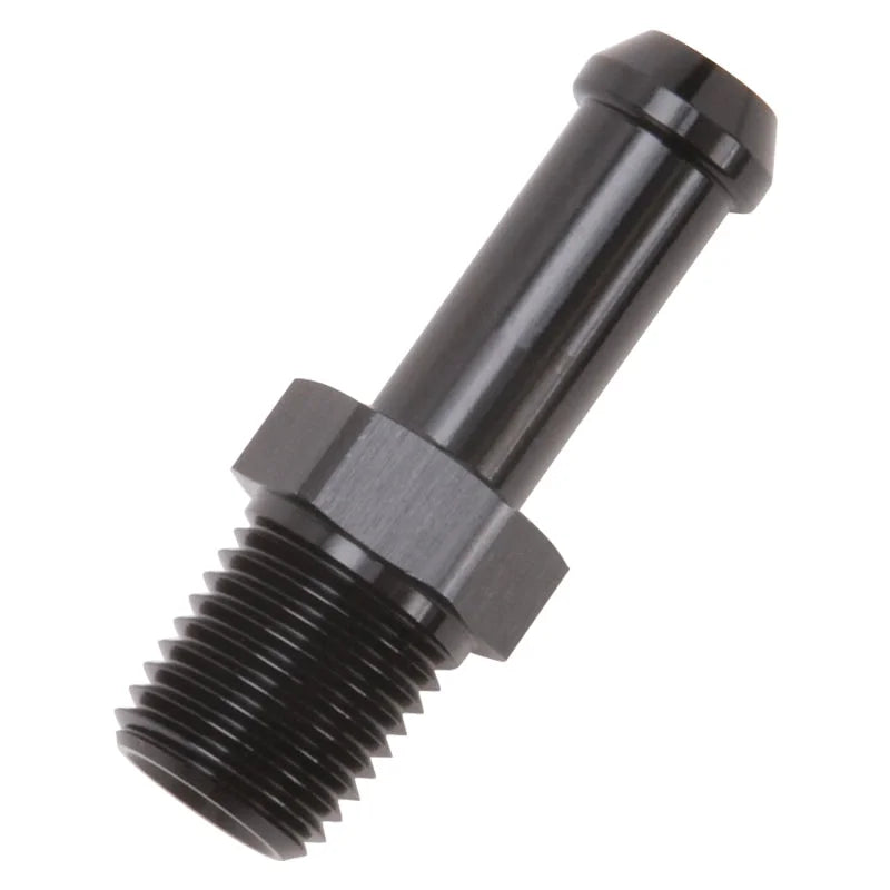 Edelbrock Hose End Straight 1/4In NPT to 3/8In Barb Black Anodize - Side View