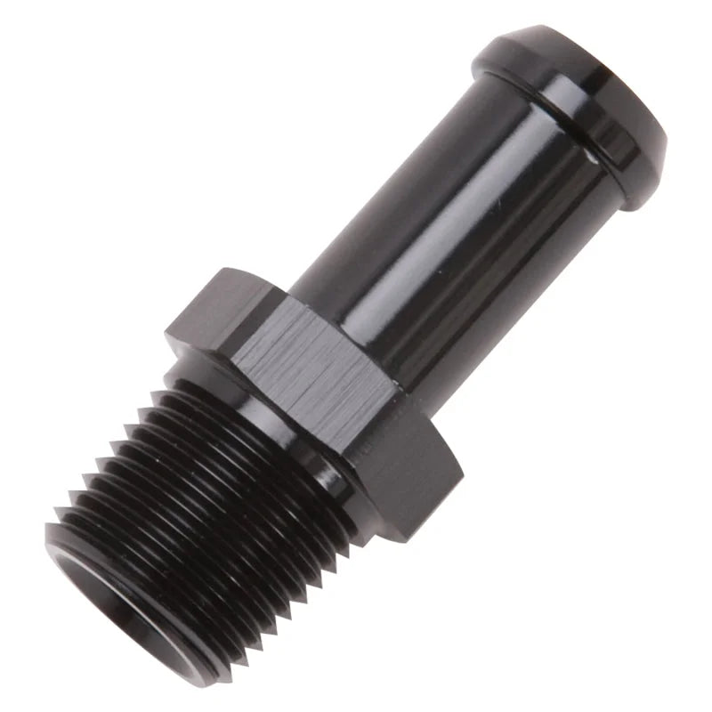 Edelbrock Hose End Straight 3/8In NPT to 1/2In Barb Black Anodize - Side View