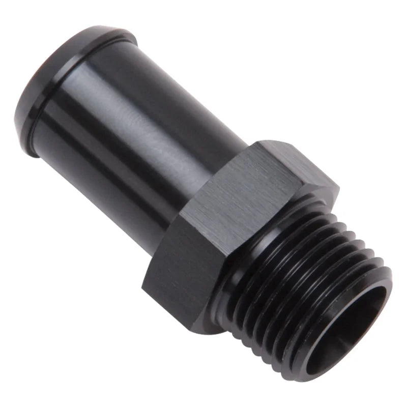 Edelbrock Hose End Straight 3/8In NPT to 5/8In Barb Black Anodize - Side View