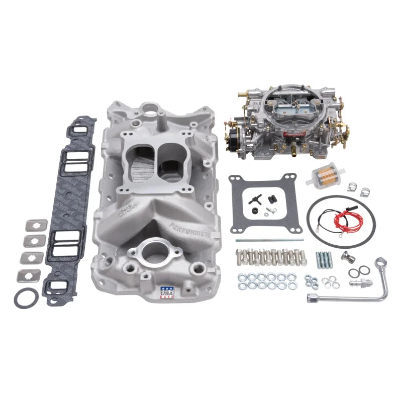 Edelbrock Manifold And Carb Kit Performer Air-Gap Small Block Chevrolet 1957-1986 Natural Finish - Side View