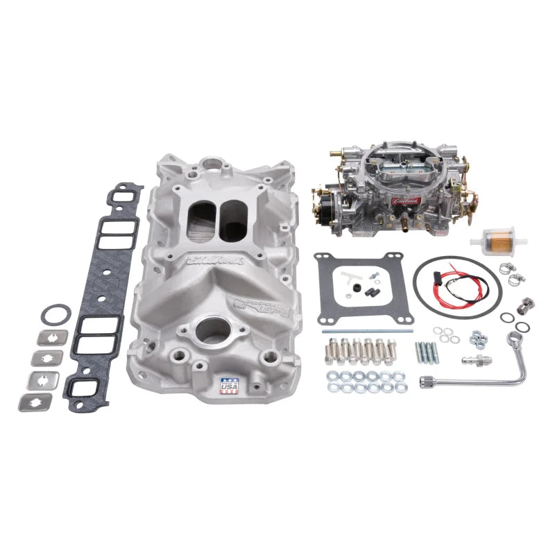 Edelbrock Manifold And Carb Kit Performer Eps Small Block Chevrolet 1957-1986 Natural Finish - Side View