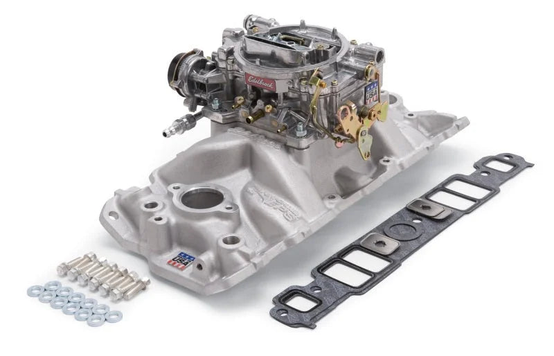 Edelbrock Manifold And Carb Kit Performer Eps Small Block Chevrolet 1957-1986 Natural Finish - Back View
